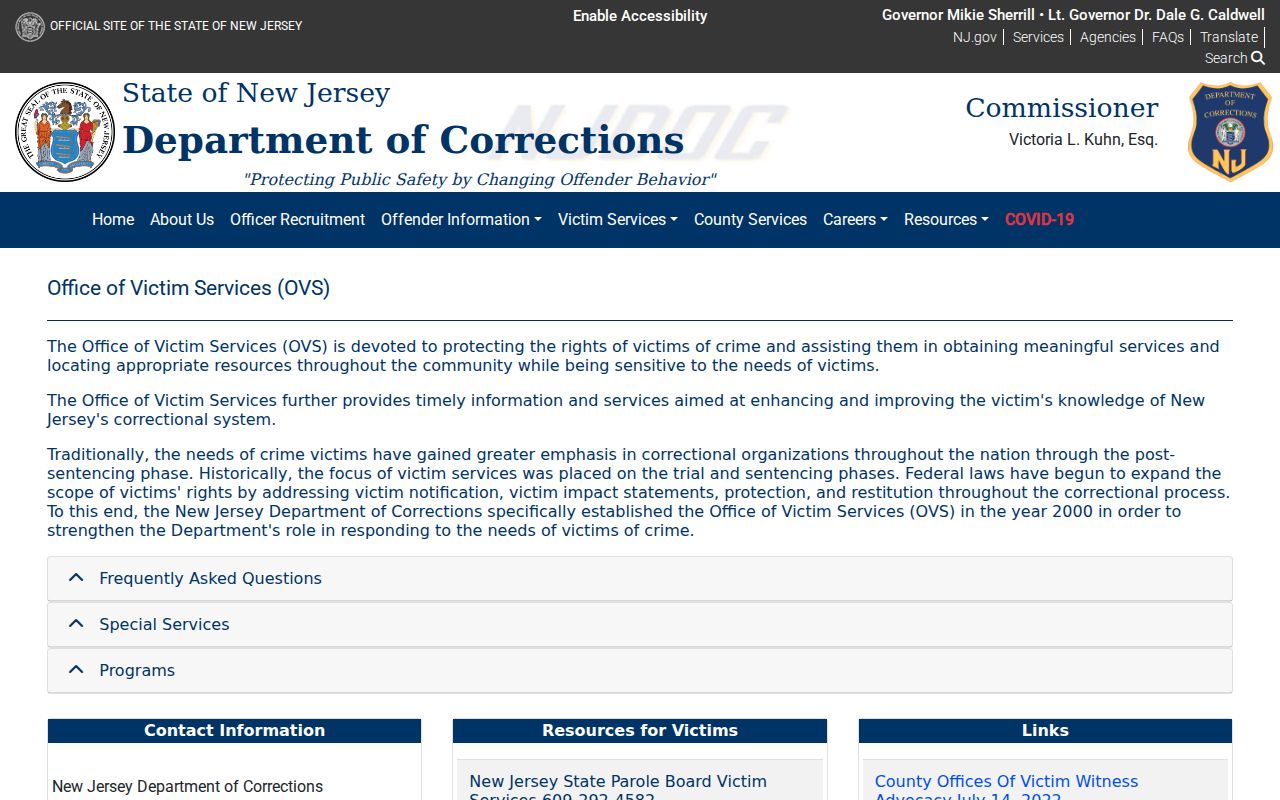 New Jersey arrest custody and NJDOC notification information