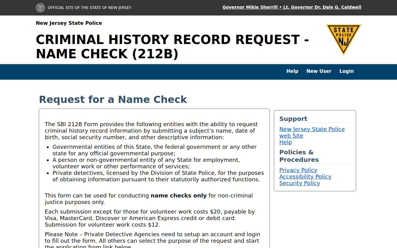 New Jersey State Police SBI 212B criminal history check portal