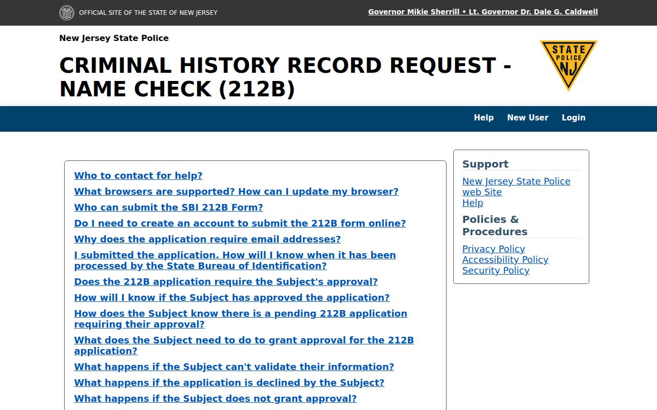 New Jersey State Police SBI 212B criminal history FAQ