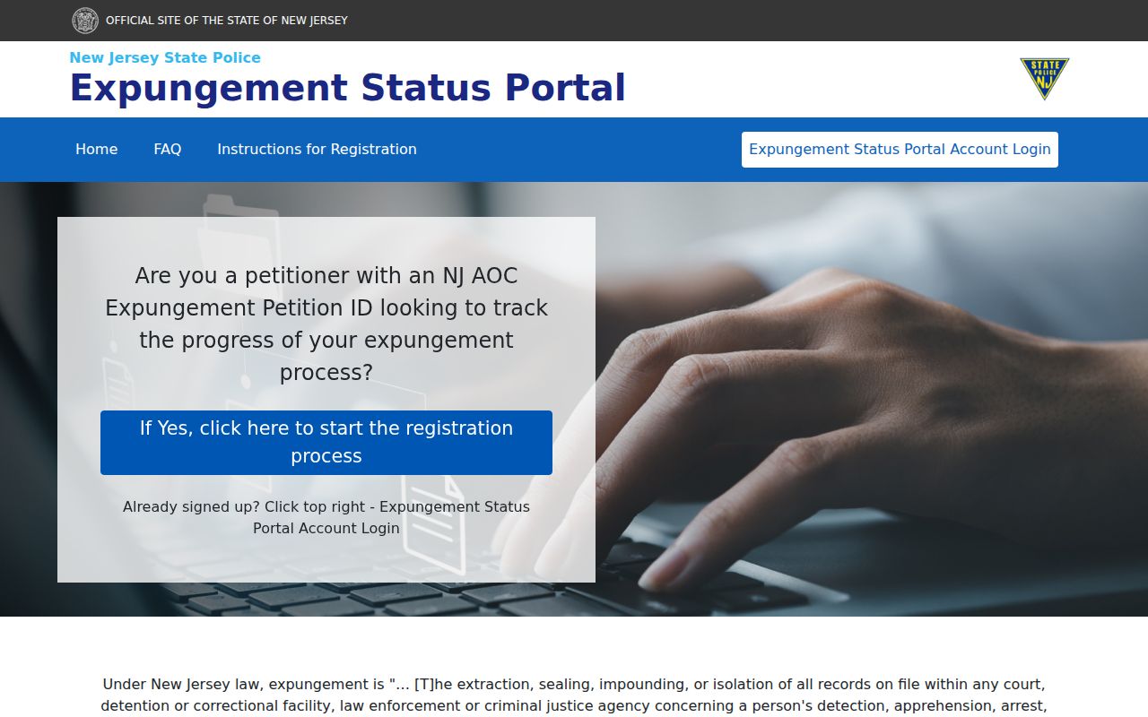 New Jersey State Police criminal history expungement status portal