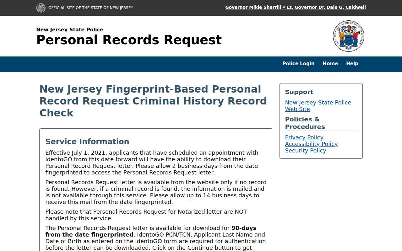New Jersey State Police personal criminal history record retrieval
