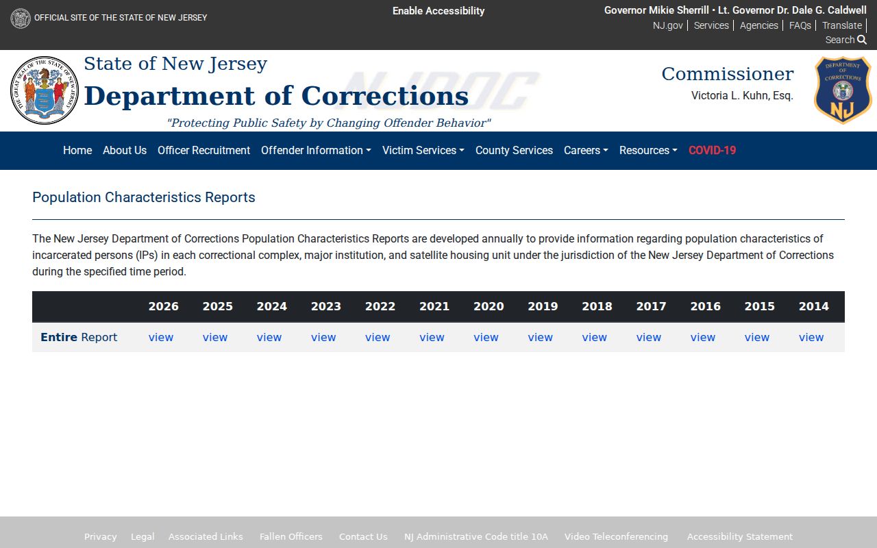New Jersey criminal history NJDOC population reports